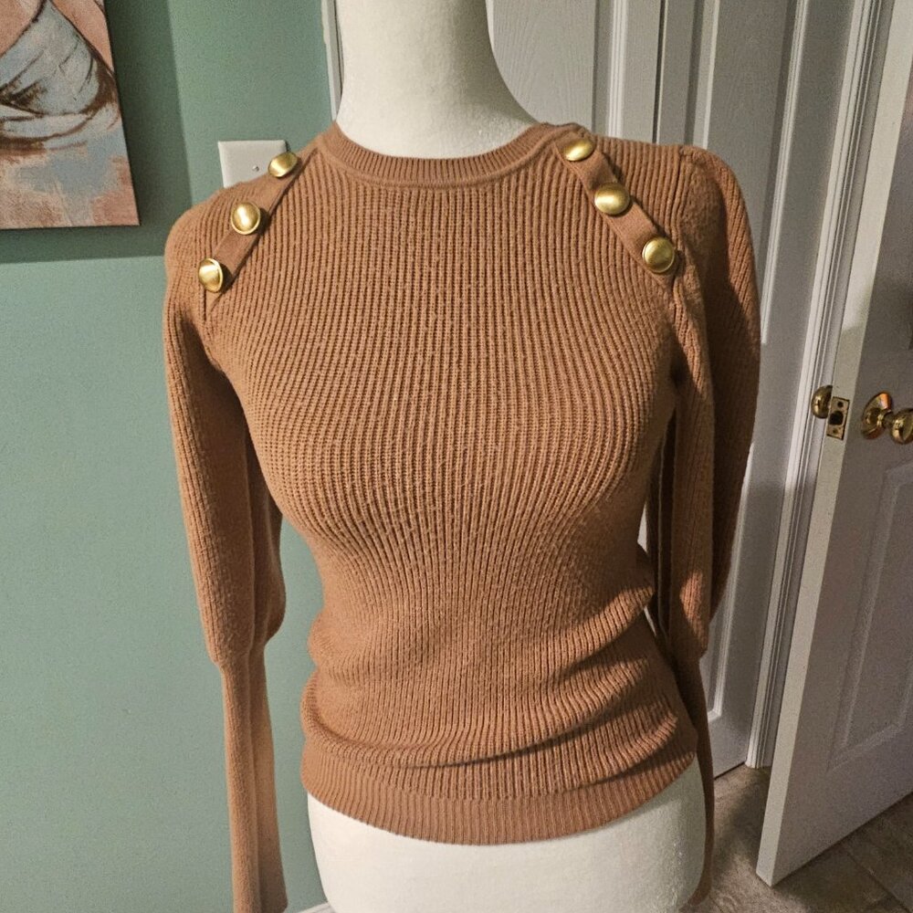 Zara Tan Gold Button Puff Sleeve Sweater S - Picture 2 of 9